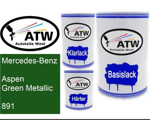 Mercedes-Benz, Aspen Green Metallic, 891: 500ml Lackdose + 500ml Klarlack + 250ml Härter - Set, von ATW Autoteile West.